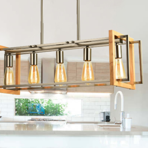 5L Chrome & Wood Pendant